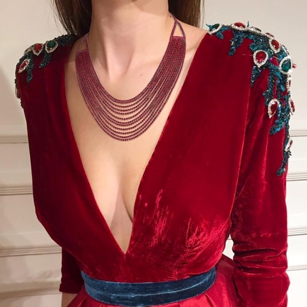 🆕 Women Red Multi Layered Chunky Collar Necklace Glitter Rhinestone Bib Jewelry - Picture 4 of 6